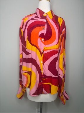 Free People Women's Multicolor Swirl Bold Printed Button-Up Oversized Size Small